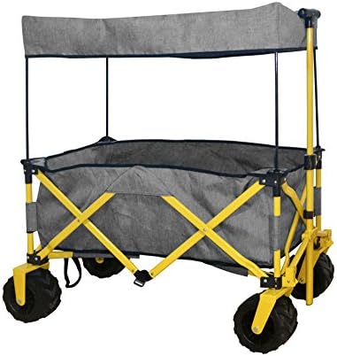 COMPACT FOLDED JUMBO WHEEL GREY FOLDING WAGON ALL PURPOSE GARDEN UTILITY BEACH SHOPPING TRAVEL CART OUTDOOR SPORT COLLAPSIBLE WITH CANOPY COVER GRAY - EASY SETUP NO TOOL NECESSARY - SPACE SAVER