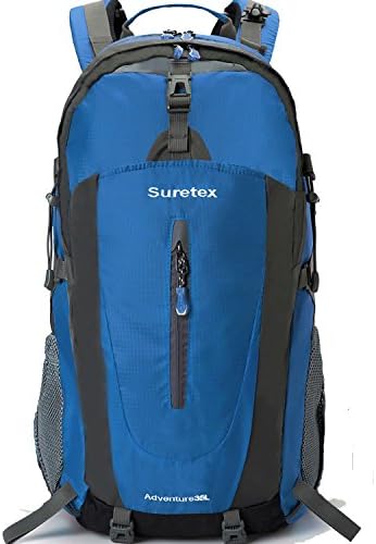 Suretex Hiking Backpack 35 Liter Camping Shoulder Daypack With Rain Cover Unisex (Blue, 35L)
