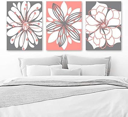 Amazon.com: Coral Gray Flower Wall Art Canvas or Prints Floral Bathroom