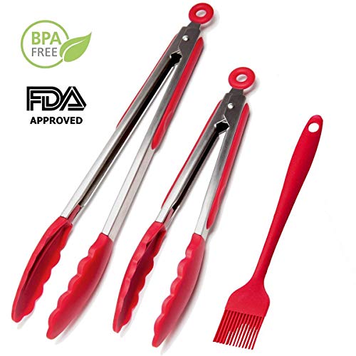 Clearance Sale, Kitchen Stainless Steel Tongs, VinMas Heavy Duty Premium Silicone Tips, With Silicone Basting Brush For BBQ, Salads, Grilling, Serving And Fish Turning (Red)