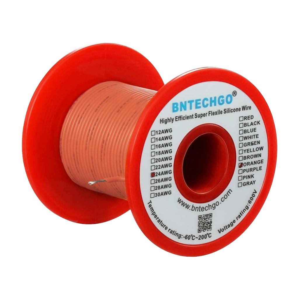 BNTECHGO 24 Gauge Silicone Wire Spool Orange 100 ft Ultra Flexible High Temp 200 deg C 600V 24 AWG Silicone Rubber Wire 40 Strands of Tinned Copper Wire Stranded Wire for Model Low Impedance