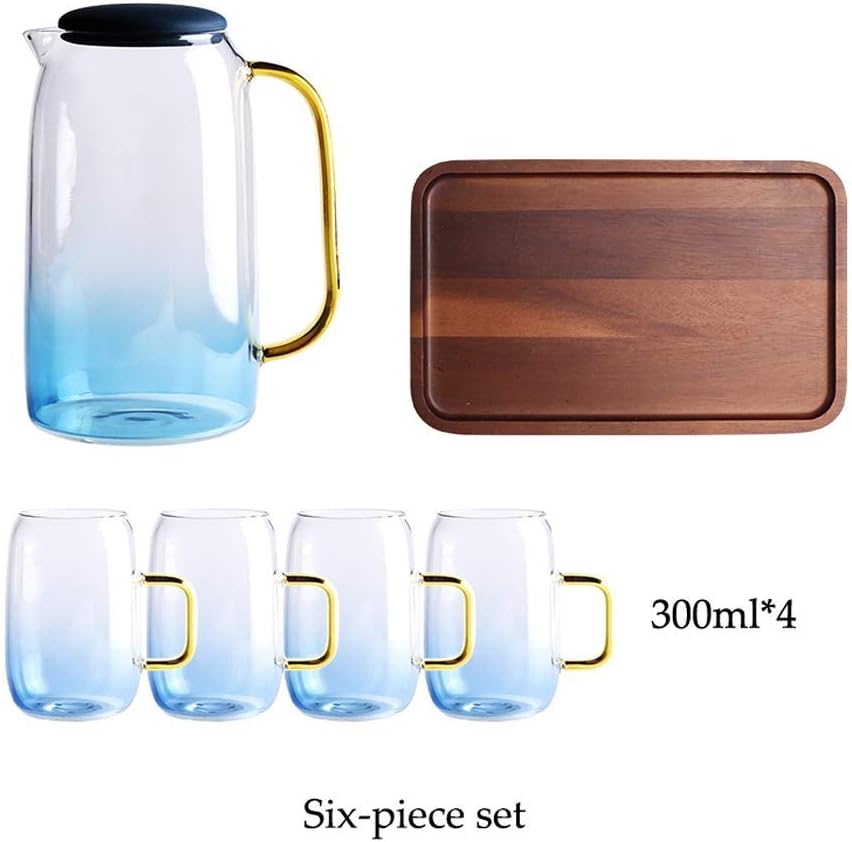 GSAGJsh Gradient Glass Teapot Tea Set with 4 Small Glass Tea Cups - Ice-cold Juice Bottle - Heat-resistant Glass Jug (Size : Six-piece)