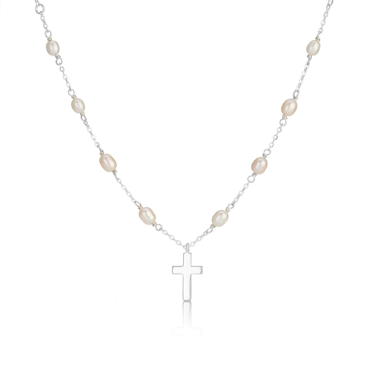 Molly Brown London Sterling Silver Rosary Style Freshwater Pearl Cross Necklace. Ideal for Christening, Holy Communion Gifts for Girls, Flower Girl and Bridesmaids Gifts