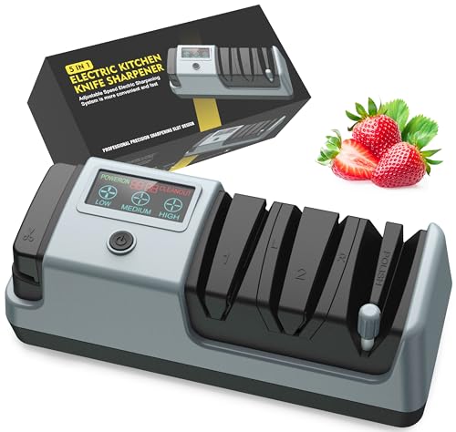 YOORLEAY 5 in 1 Elektrischer Messerschärfer-3 Rotationsgeschwindigkeiten einstellbare elektrische Messerschärfer, geeignet für Messer mit gerader Klinge, gezackte Messer & Scheren,Grau thumbnail 1