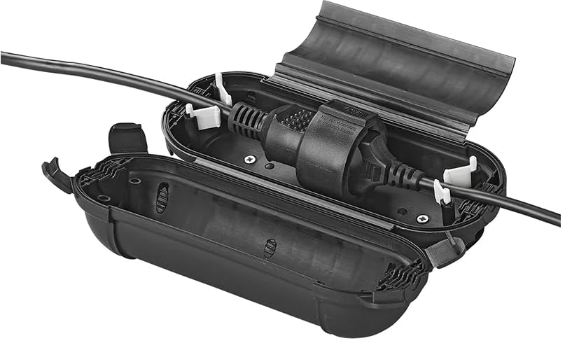 Safety Box Waterproof IP44 Outdoor - Protective Box for Extension Cable & Schuko Plug - CEE, Protective Housing, Strain Relief, in Black, Blue, Green, Red (Black, for Schuko Plug)