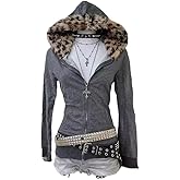 Pooyikoi Women Y2K Zip Up Hoodie Gothic Graphic Emo Grunge Jacket 90s Fur Hoodie Punk Streetwear Aesthetic Clothes