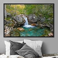 Framed Canvas Wall Art Forest Waterfalls Group Multicolor Nature Photography Realism Relax/Calm - 16x24 inches