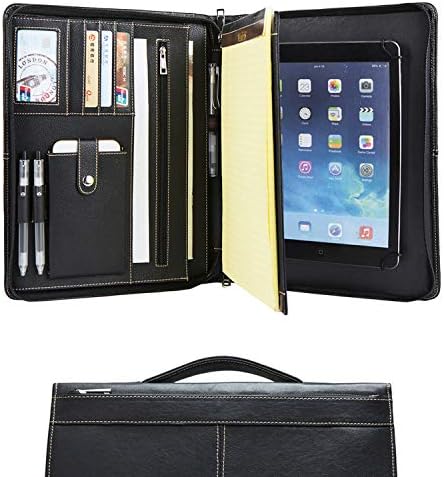 Handmade Leather A4 Conference Folder Zipped for iPad 9.7(2018/2017)/iPad Pro 9.7/iPad Air 2/iPad Air, Business Portfolio Padfolio Organizer Case with Retractable Handle and Writing Pad, Black