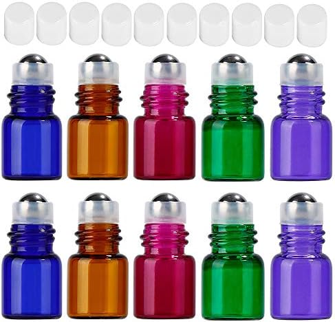 10PCS Pretty Essential Oils Bottles with Roller Balls, Glass Refillable Bottles Container for Fragrance,Essential Oil,Aromatherapy,Perfumes size 2ml (Multi color Set 5)