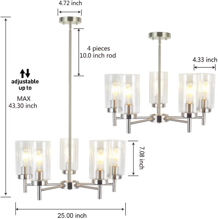 VINLUZ Contemporary 5 Light Large Chandeliers Modern Clear Glass Shades Pendant Lighting Brushed Polished Nickel Dining Room Lighting Fixtures Hanging Adjustable Wire Semi Flush Ceiling Lights - - 