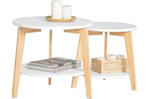 SoBuy Coffee Table Set of 2 - Round Small Large End Tables with Storage Shelf, White Wood Center Table Basse Salon for Living