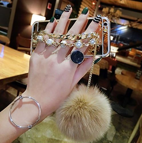 Galaxy S9 Plus Case,Galaxy S9 Plus Pearl Chain Holder Fur Ball Case,Goodaa Luxury Hairy Fur Plush Ball Pearl Metal Chain Holder Bracelet Cover Mirror Case For Galaxy S9 Plus