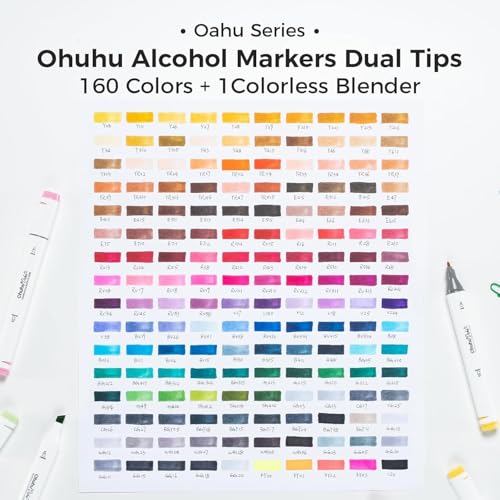 Ohuhu - Marcadores Alcohol Art, juego de rotuladores a base de alcohol de doble punta para niños y adultos, libro de colorear, ilustración de bocetos, 160 colores únicos, 1 batidora de marcadores con alcohol y 1 estuche de almacenamiento de marcadores, cincel y fino