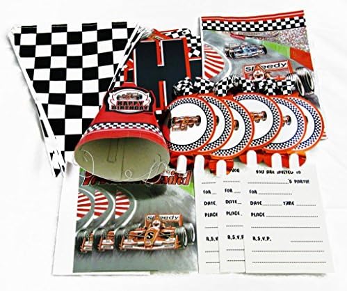 Race Car Party Supplies Pack for 6- Includes Invitations, Hats, Blowers, Loot Bag, Birthday Banner and Flag Banner- Every Boy's Dream!