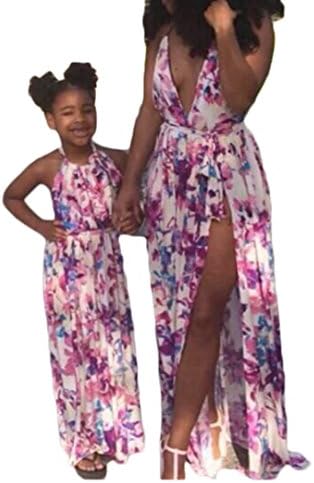 Mother Daughter Summer Halter Strappy Printed Maxi Dress Family Matching Clothes