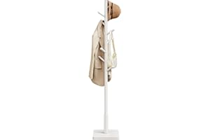 VASAGLE Solid Wood Coat Rack, Free Standing Hall Coat Tree with 8 Hooks, 3 Height Options, for Coats, Hats, Bags, Purses, for Entryway, Hallway, Rubberwood Hooks and Pole, Cloud White URCR010W02