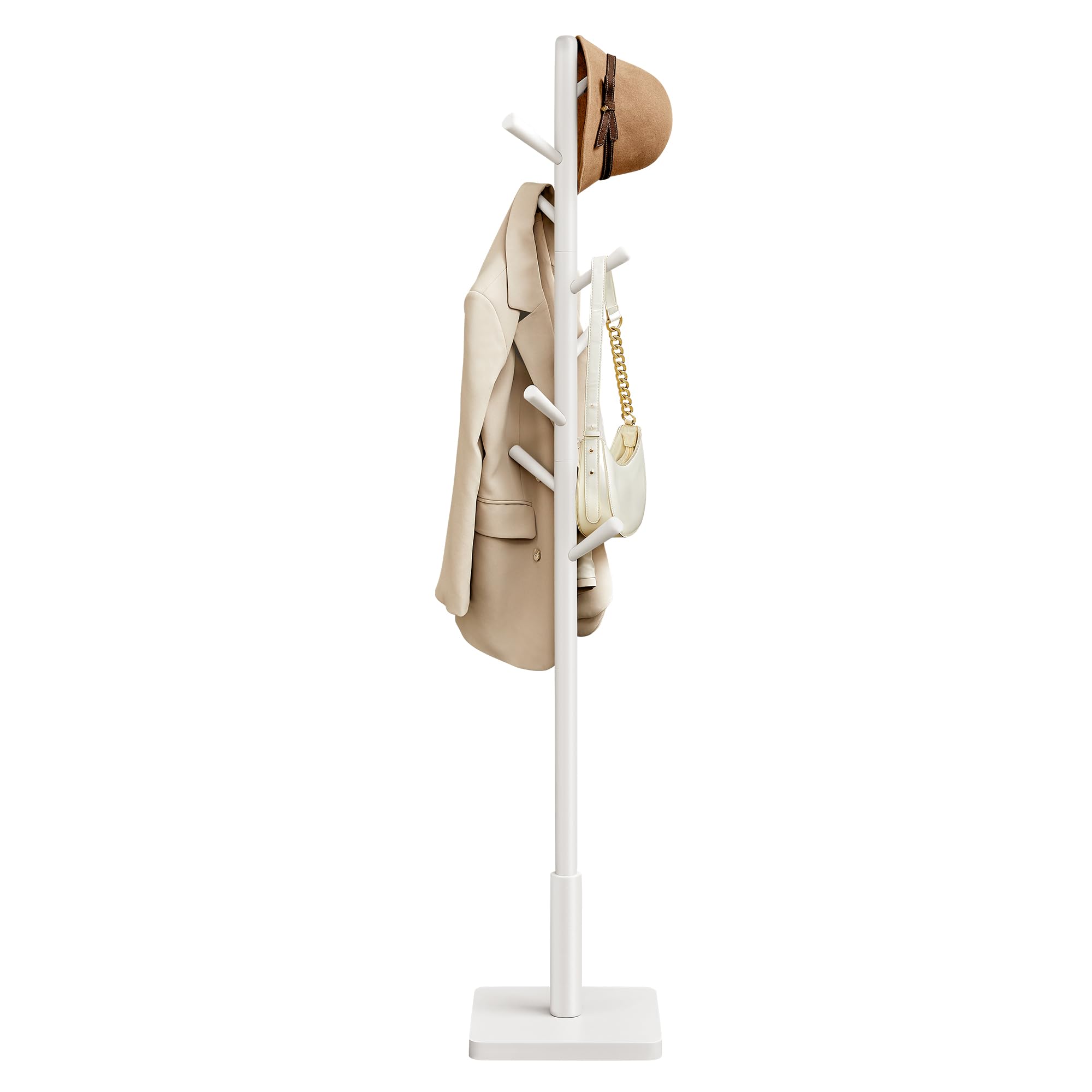 VASAGLE Solid Wood Coat Rack, Free Standing Hall Coat Tree with 8 Hooks, 3 Height Options, for Coats, Hats, Bags, Purses, for Entryway, Hallway, Rubberwood Hooks and Pole, Cloud White URCR010W02 Image