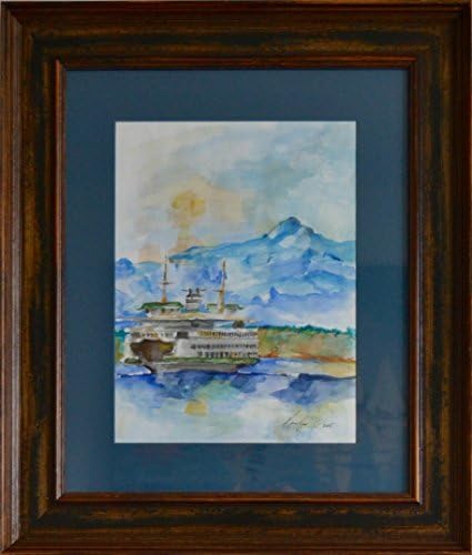 Original Watercolor Landscape on Paper with Aged Anubis Wood Frame and Blue matting: Puget Sound Ferry