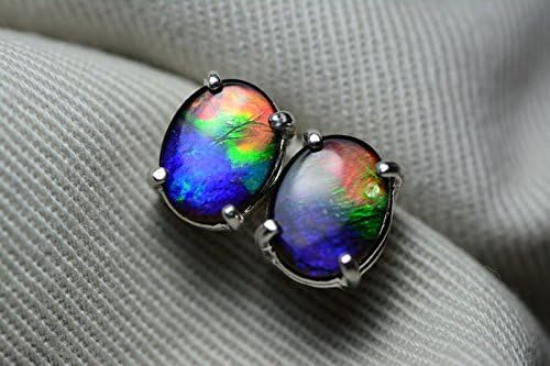 9x7mm Genuine Oval Cabochon Canada Ammolite Stud Earrings Sterling Silver Pair #45