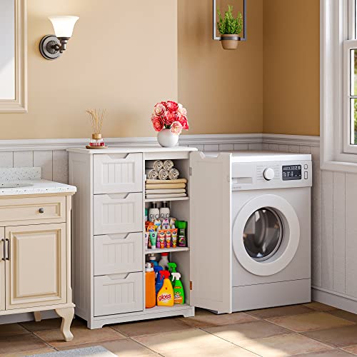 Gizoon Bathroom Floor Storage Cabinet with 4 Drawers, Freestanding Storage Organizer Cabinet with Door and Adjustable Shelves Wooden for Small Places in Kitchen Bathroom Entryway, White