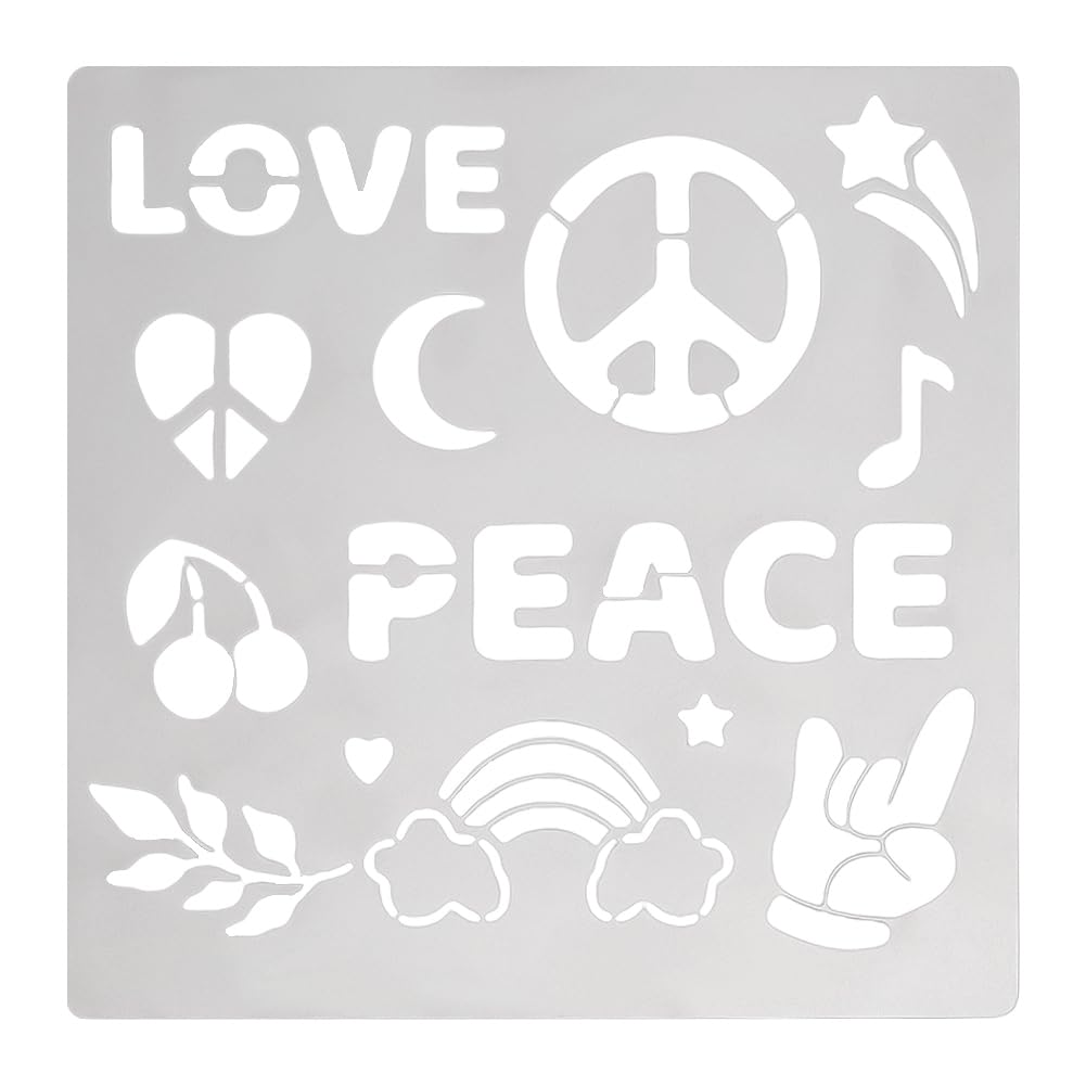 FINGERINSPIRE Love & Peace Metal Stencils 16 cm Square Scrapbooking Drawing Stencils Stainless Steel Heart Star Moon Rainbow Hand Pattern Painting Stencils for Engraving Pyrography Journal