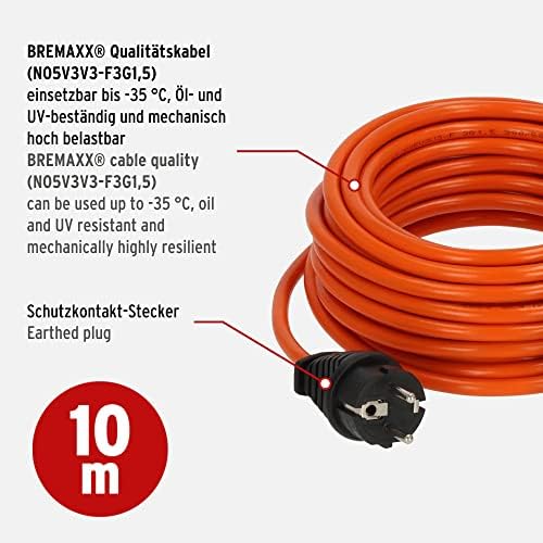 Cable de extensión Bremaxx (Cable de 10 m en Naranja, para Uso en Exteriores IP44, Apto hasta -35°C, Resistente al Aceite y a los Rayos UV, Fabricado en Alemania)