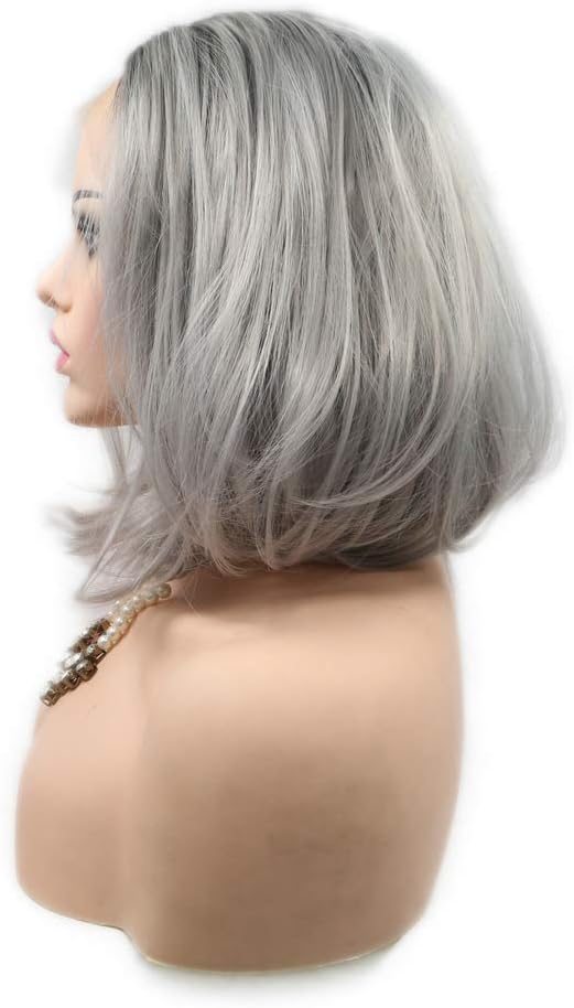 Heat Resistant Shoulder Length Synthetic Lace Front Wigs Short Bob Hair for Drag Queen Black Roots Ombre Grey Wig Summer Pastel Wig 14inches - Image 4