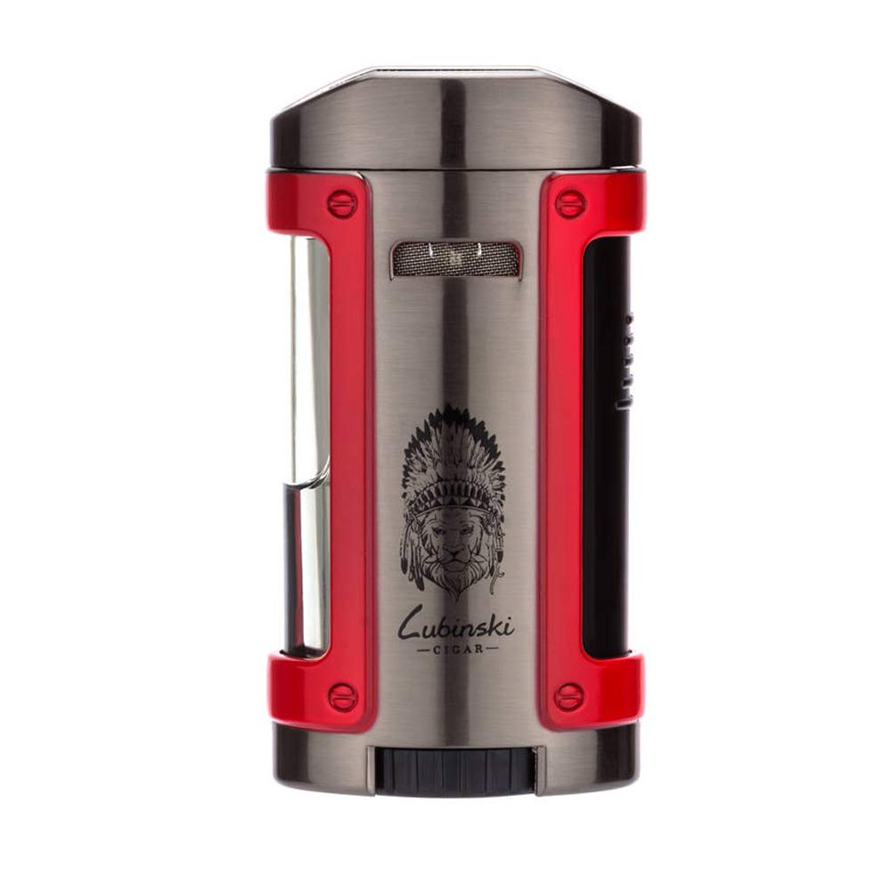 LUBINSKI Cigar Lighter + Leather Case Windproof Butane Quadruple Torch Jet Blue Flame Cigarette Lighter for Cigar Cooking BBQ Topsense (RED)