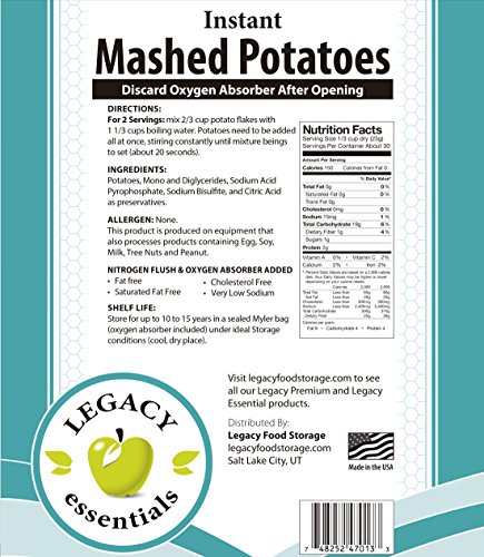 Legacy Essentials Instant Mashed Potato Flakes - 15 Year Shelf Life Freeze Dried Mash Potato for Emergency Food Storage Supply (Quantity 1)