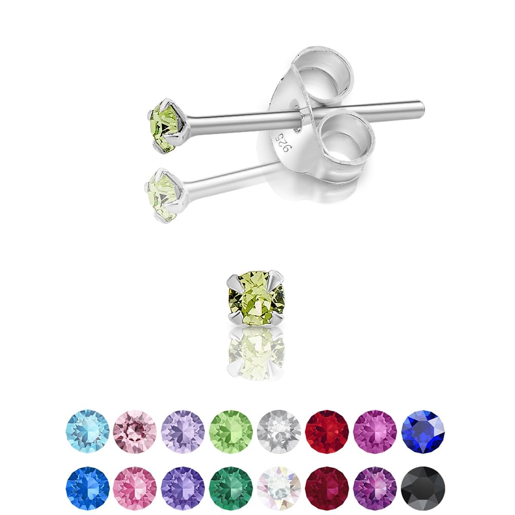 925 Sterling Silver Round Tiny Stud Earrings made with Glittering Crystals - Small Silver Studs Earrings for Woman - Diameter: 2 mm - Colour : Peridot