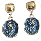 Vintage Gold Rose Flower Earrings for Women Blue Oil Painting Style Floral Earring
