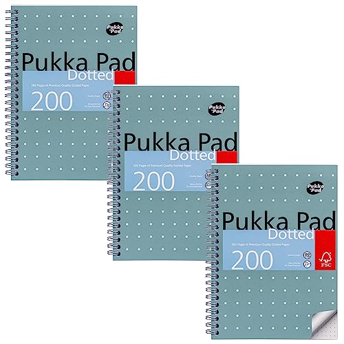 Pukka Pad, Jotta - Quaderno A5 punteggiato metallico per grafica, arte, bullet journaling, confezione da 3, 21 x 14,8 cm, rilegatura a spirale, carta da 80 g/m², margine a 4 fori e perforazione, 200