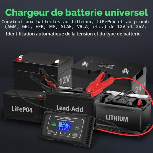 Haisito Car Battery Charger 12 V/24 V 25 A, Fast Intelligent Car and Motorcycle Battery Charger, Portable Charger and Maintainer of Lithium Battery, LiFePO4, Lead (AGM, EFB, Gel, MF, VRLA, etc.)