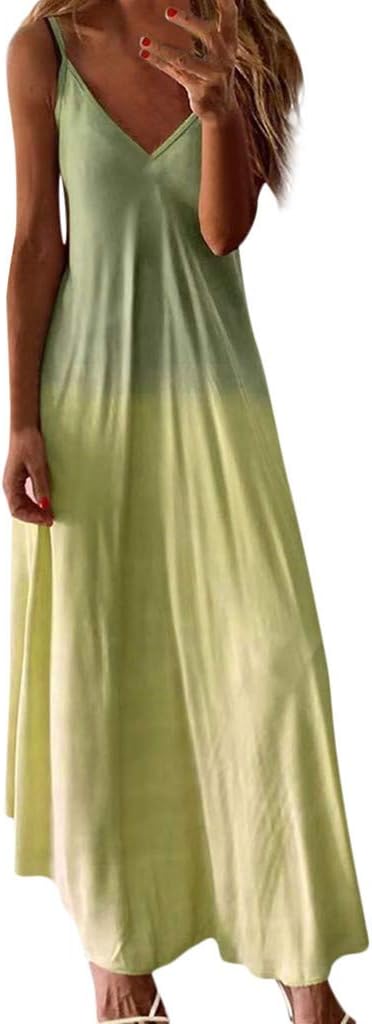 Handyulong Womens Dresses Casual Summer Sundress Sleeveless V-Neck Gradient Color Loose Maxi Long Dress Tunic Tank Dress