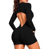 FITTOO Women Workout Zip Up Jumpsuits Backless Long Sleeve Romper | Backless, V Back, Tummy Control, Scrunch Butt, Removable Pads, Yoga Gym Going Out Athletic One Piece Bodysuit