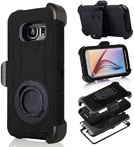 S6 Case, Galaxy S6 Case, Aitech Ultra Shock&drop-proof Amy-grade Protective Hard Defender Case and Three Layer Hard Shell Cover Holster with 360 Degree Rotating Ring Bracket Protective Case for Samsung Galaxy S6-- TPU Rubber & Silicone Case with Stand & Clip for Samsung Galaxy S6 (Black)