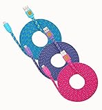 3PK of 10FT (3-meter) High Quality Flat Nylon Braided Lightning Cables Sync and Charge Cord for iPhone 6S, 6S Plus, iPhone SE (Blue Purple Hotpink)