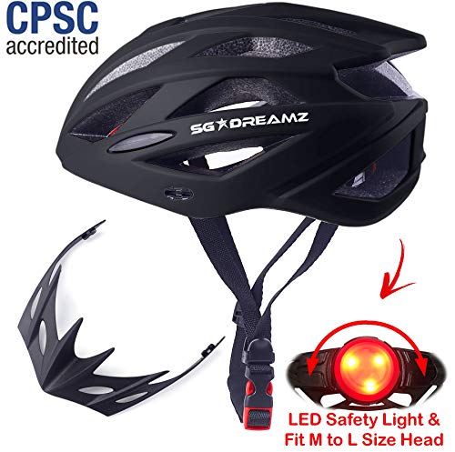 Adult Helmet with LED Light and Detachable Visor - Bicycle Cycling Mountain Bike Helmet for Men and Women - Adjustable Dial for Head Size 21.6" to 24" (M to L) - CPSC Certified (MT303+LED+MtBlack)