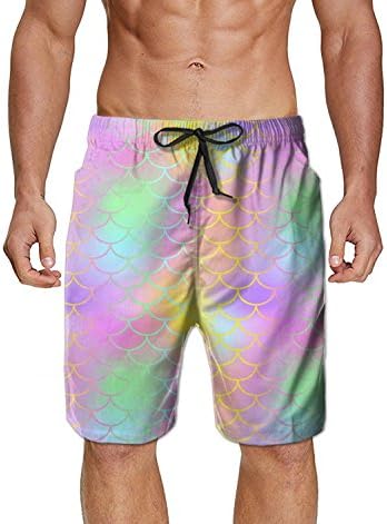 PopBYAM Men's Colourful Fish Scale Magic Mermaid Tail Quick Dry Swim Trunks Bathing Suit Beach Shorts