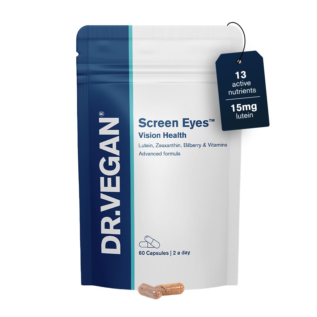 DR.VEGAN Screen Eyes | Vision Health, 60 Vegan-Friendly Capsules | Lutein (15mg), Zeaxanthin (2mg), Meso-zeaxanthing (10mg), Astaxanthin (2mg) and Bilberry (50mg) | Two-A-Day - 30 Day Supply