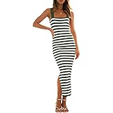 MEROKEETY Women's 2026 Summer Spring Bodycon Midi Dress Beach Vacation Sleeveless Striped Ribbed Knit Party Sweater Dresses