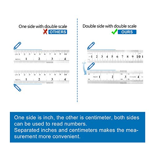 Stainless Steel Ruler, 3 Pcs Double-Scale Metal Ruler with Storage Bag, 6 Inch/15cm, 8 Inch/20cm and 12 Inch/30cm Metric Ruler for School, Office, Architect, Engineers, Craft (Silver) - Thumbnail 2