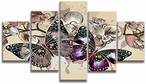 VIIVEI Butterfly Wall Art Canvas Prints Art Abstract Home Decor for Living Room Bedroom Modern Pictures Pictures 5 Panel Large HD Printed Painting Framed Ready to Hang (60" Wx32 H, A)