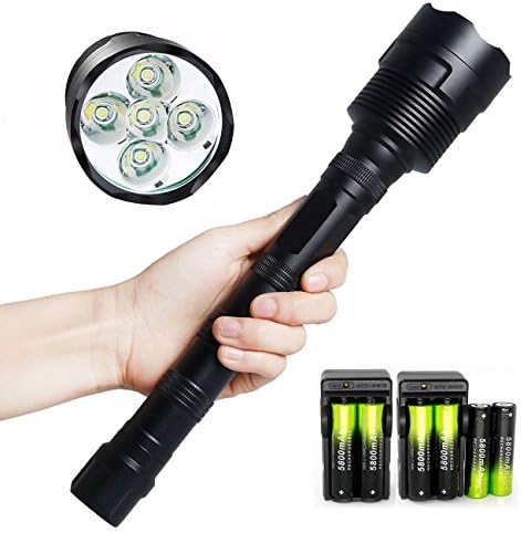 Superbright LED Flashlight 5x T6 LED 5 Light Modes Large 10000 Lumens Waterproof Handheld Military Grade Torch with 18650 Rechargeable Battery &amp; Charger