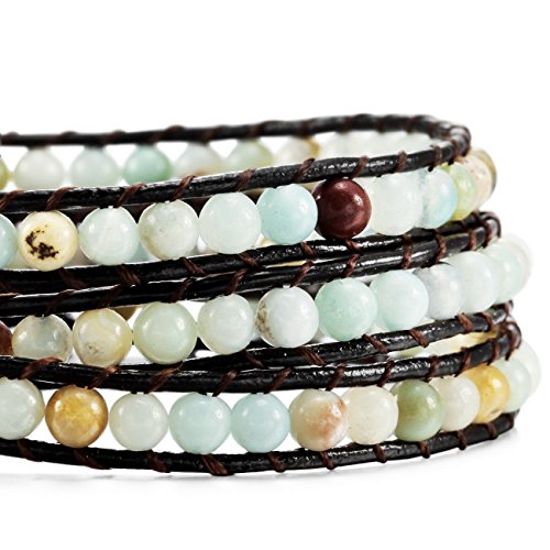 MOWOM Multicolor Alloy Genuine Leather Bracelet Bangle Cuff Rope Simulated Amazonite Stone Bead 3 Wrap Adjustable