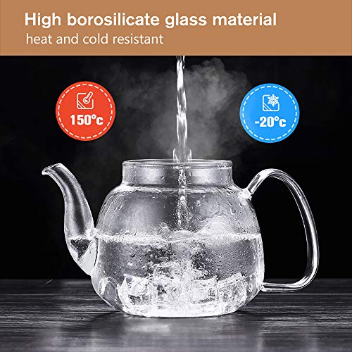 SULIVES Glass Teapot (1000ml) with Removable Stainless Steel Infuser & Lid,Glass Tea Kettle Stovetop Safe, Blooming & Loose Leaf Teapots