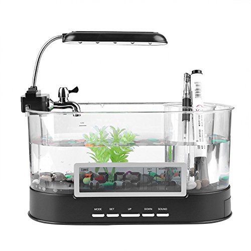 Garosa Fish Tank Aquarium Multifunctional USB Rechargeable Mini Fish Tank Aquarium with Clock Function LED Light(Black)