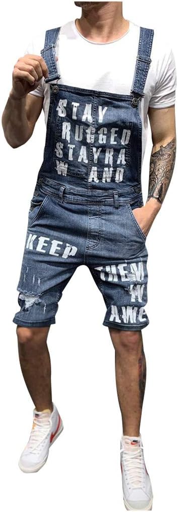 LiLiMeng 2019 New Mens Hole Pocket Jeans Overall Jumpsuit Streetwear Overall Suspender Pants Letter Print Slim Strap Shorts