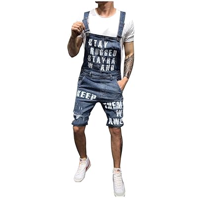 Mens Jeans Overall,GREFER Fashion 2019 Letter Printed Ripped Denim Jumpsuit Hip Hop Streetwear Suspender Pants Pockets