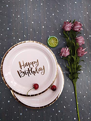Ottin Pink Happy Birthday Party Packs for 50 Guests, Rose Gold Foil Paper Plates and Napkins Set, Perfect for Birthday, Anniversary, Party Supplies (Happy Birthday Paper Dinnerware, 50 Guests)